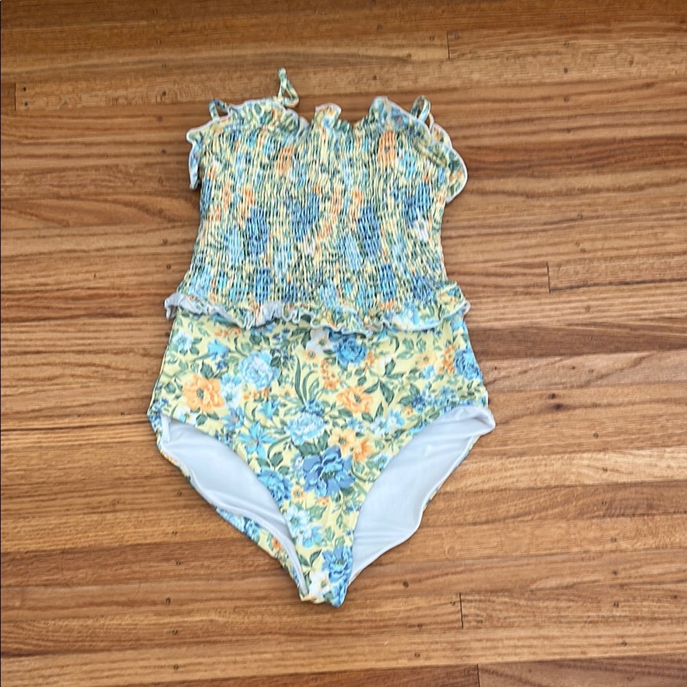 Blue and Yellow One Piece Floral Swimsuit with Ruffled Sleeves
